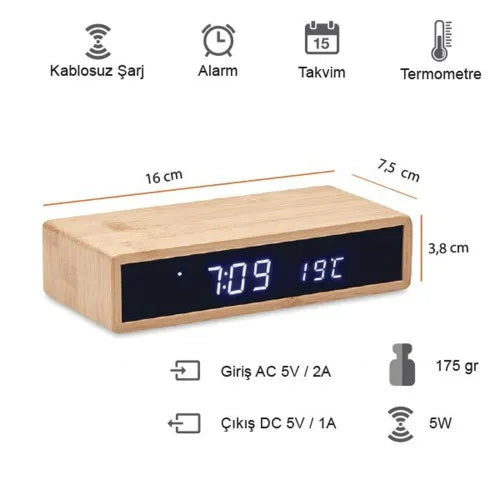 EccoTech Bambu Kablosuz Alarm+Saat+Termometre+Takvim özellikli Şarj Cihazı / Wireless Charger